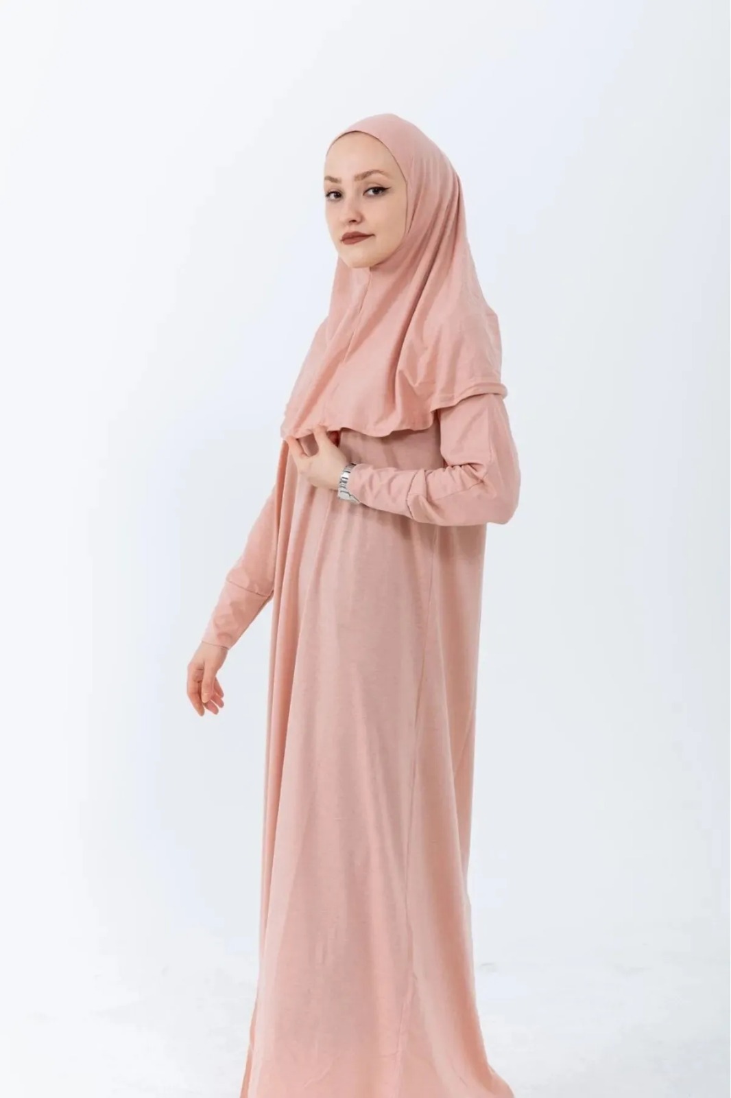 Tek parça başörtülü namaz elbisesi Pembe