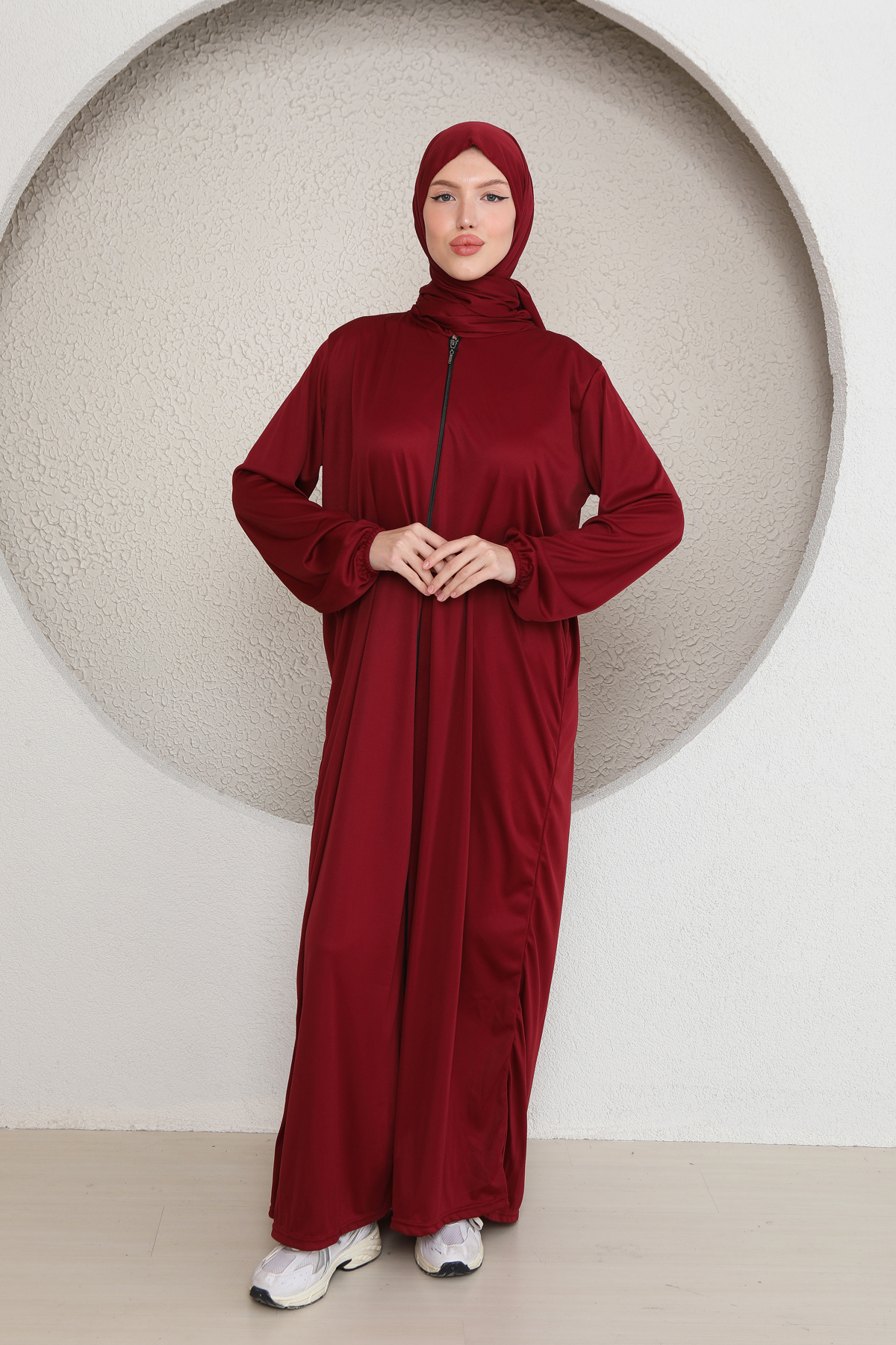 Fermuarlı Şallı Kadın Namaz Elbisesi Kırmızı