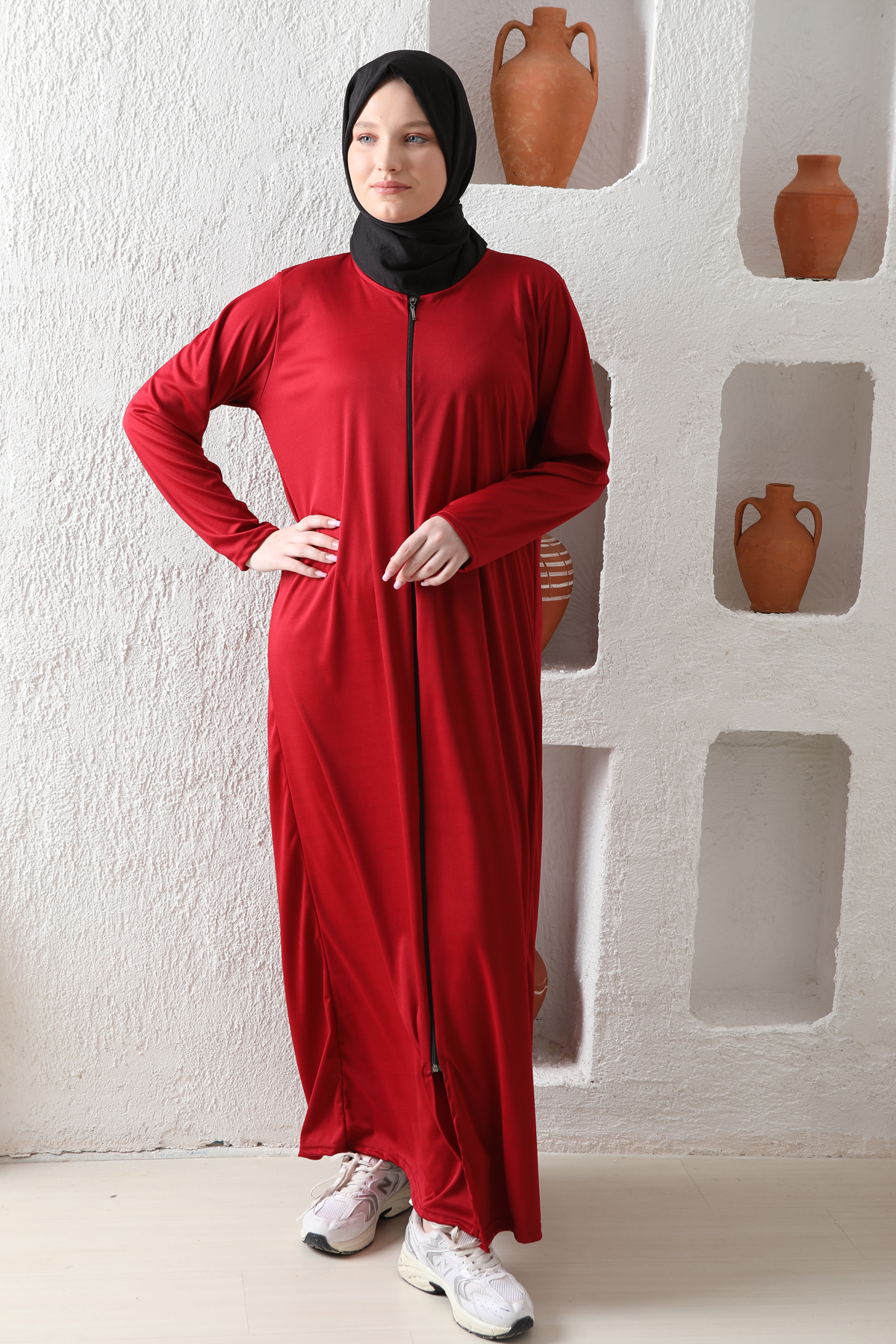 Fermuarlı Kadın Namaz Elbisesi Kırmızı 