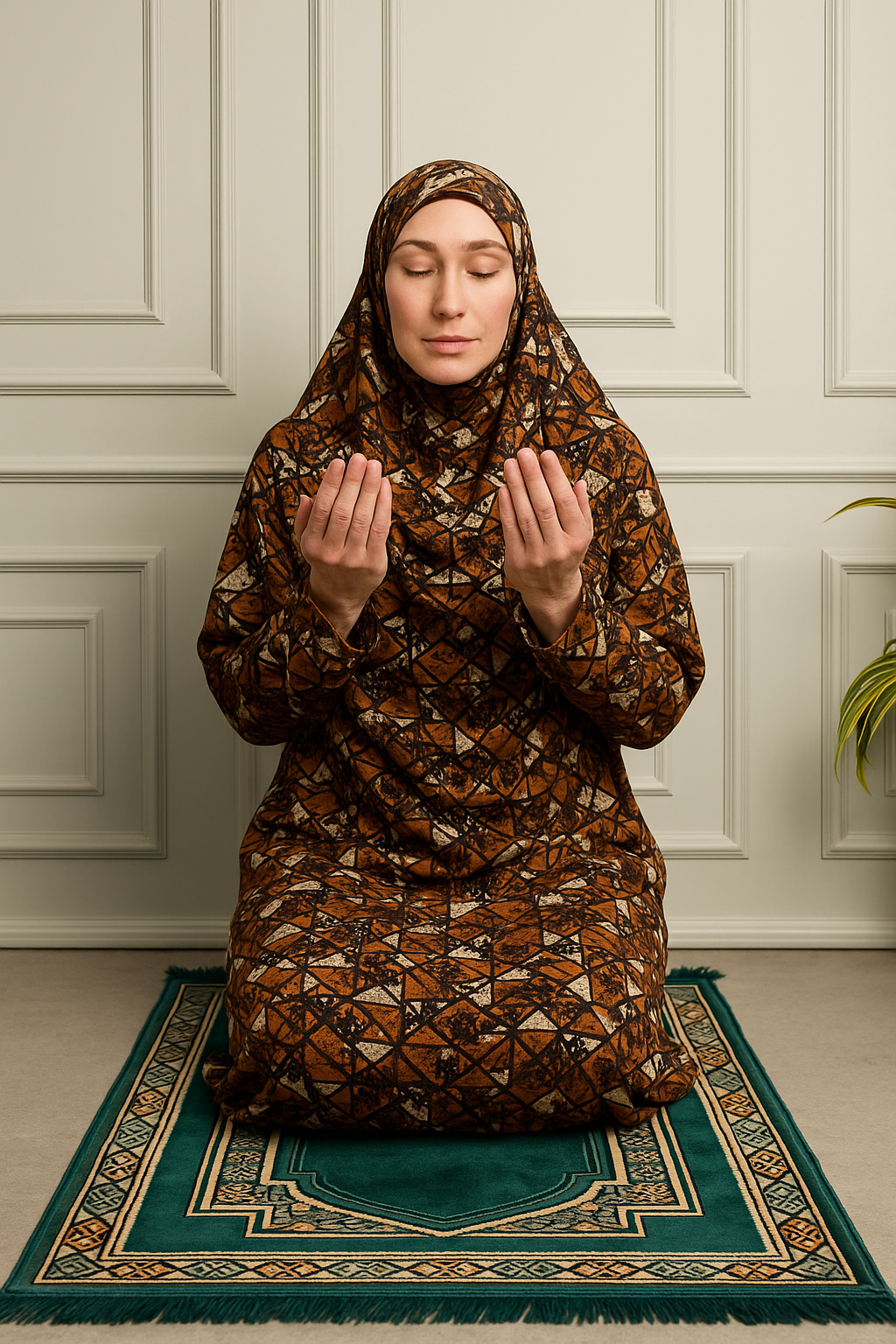 Tek parça başörtülü namaz elbisesi kahverengi