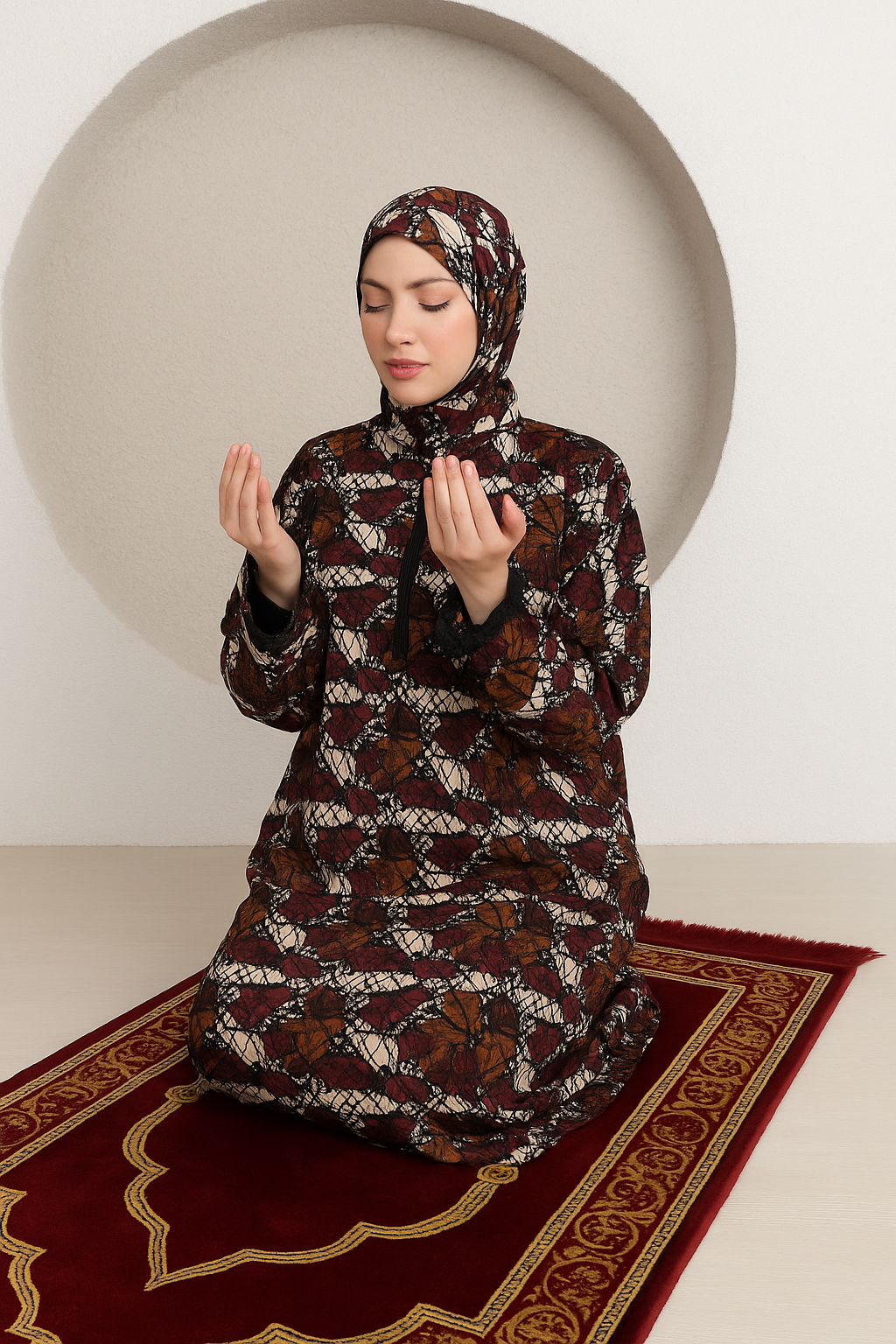 Tek parça başörtülü yarım fermuarlı namaz elbisesi MOR